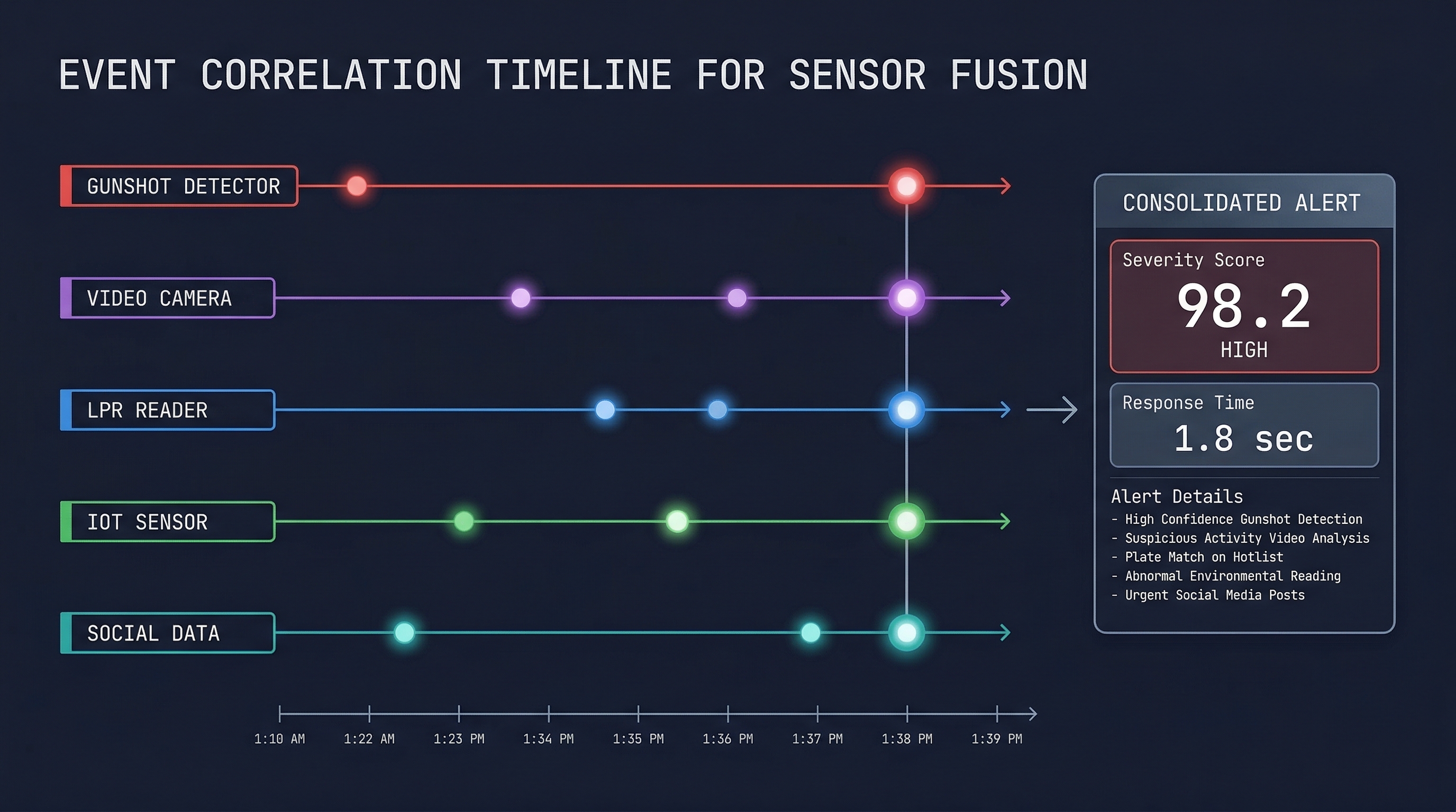 Temporal correlation diagram: multiple sensors converging into a single high-priority consolidated alert